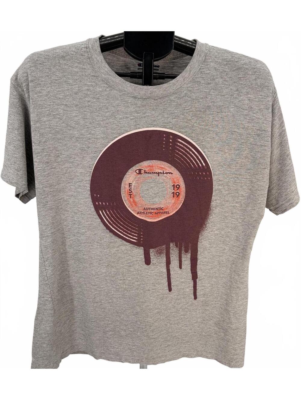 Champion T-Shirt Large Gray Graphic Vinyl Record Streetwear Casual